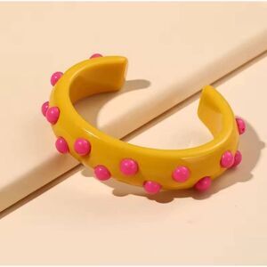 Funky Korean Bangle Bracelet Polka Dot Yellow and Pink Acrylic